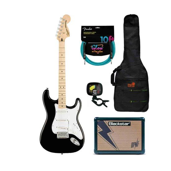 Fender 0378002506 Squier Affinity Stratocaster Electric Guitar Black Bundle
