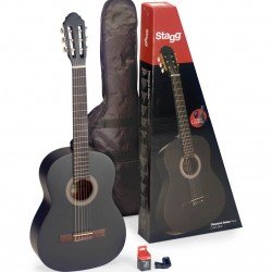 Stagg Guitar Pack with 4/4 Black Classical Guitar with Linden Top, Tuner, Bag and Colour Box