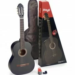 Stagg Guitar Pack with 4/4 Black Classical Guitar with Linden Top, Tuner, Bag and Colour Box