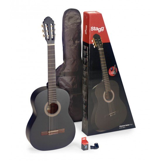 Stagg Guitar Pack with 4/4 Black Classical Guitar with Linden Top, Tuner, Bag and Colour Box