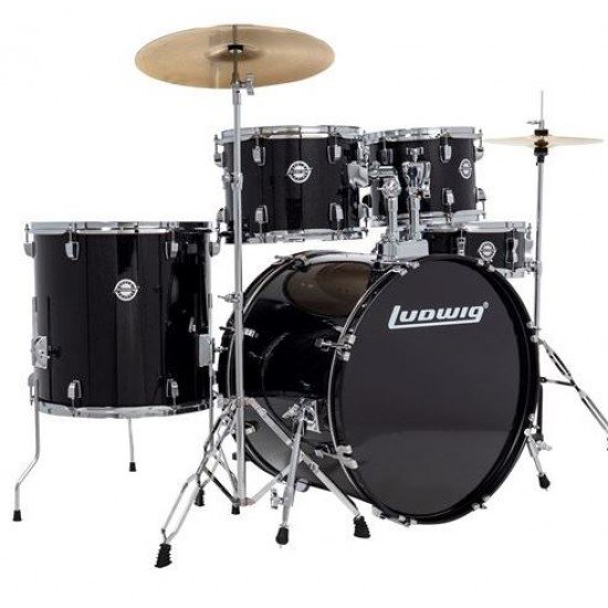 Ludwig LC19511 Accent Drive 5-piece Drumset 22" Bass Drum with Throne and Cymbals - Black Sparkle