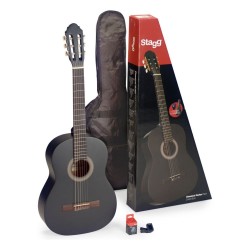 Stagg Guitar Pack with 4/4 Black Classical Guitar with Linden Top, Tuner, Bag and Colour Box