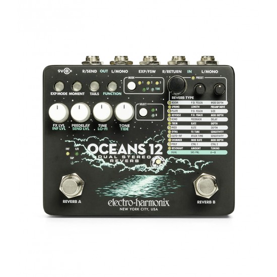 Electro Harmonix Oceans 12 Dual Stereo Reverb Guitar Pedal, 9.6DC-200 PSU Included