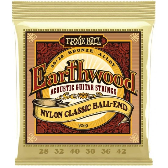 Ernie Ball P02069 Folk Nylon Clear & Gold Ball-End 80/20 Bronze Acoustic Guitar Strings, 28-42 Gauge