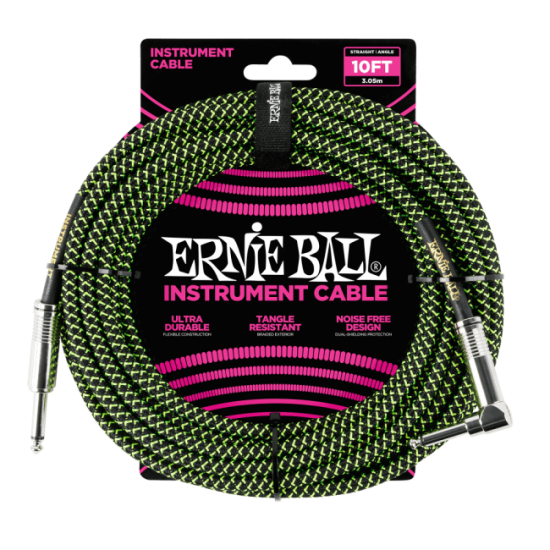 Ernie Ball P06077 Braided Straight to Right Angle Instrument Cable - 10 foot Black/Green