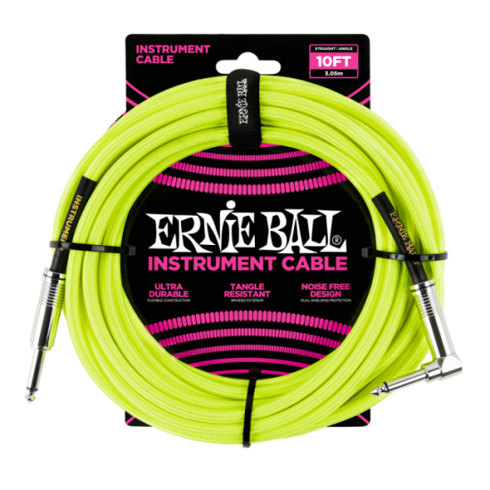Ernie Ball P06080 Braided Straight to Right Angle Instrument Cable - 10 foot Neon Yellow