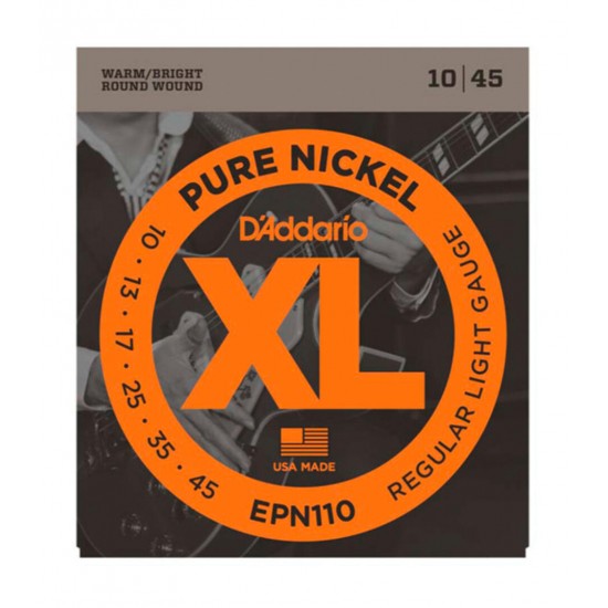 D'Addario EPN110 Electric Guitar String Set, Pure Nickel 0.10 - 0.45 Regular Light Gauge