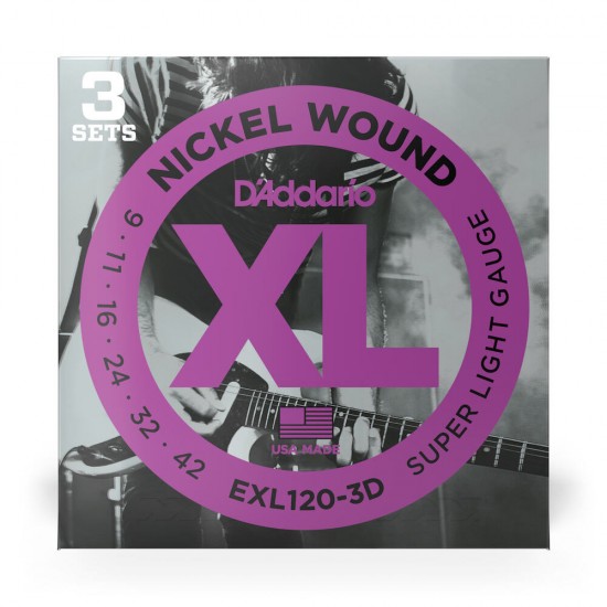 D'Addario EXL120-3D Electric Guitar String Set, Nickel Wound 0.09 - 0.42 Super Light Gauge 3 Pack
