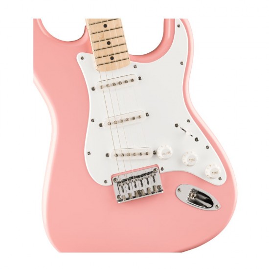 Fender 0373252556  FSR Squier Sonic® Stratocaster® HT, Maple Fingerboard, White Pickguard, Shell Pink 