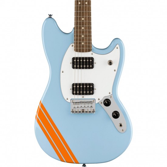 Fender Squier Fsr Bullet Competition Mustang Hh Electric Guitar In Daphne Blue With Orange Stripes