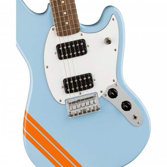 Fender Squier Fsr Bullet Competition Mustang Hh Electric Guitar In Daphne Blue With Orange Stripes Fender Squier Fsr Bullet Competition Mustang Hh Electric Guitar In Daphne Blue With Orange Stripes