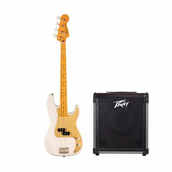 Fender Squier Bass Classic Vibe Late '50s Precision Bass Maple Fingerboard in White Blonde With Peavey MAX100 Bass Amp Combo