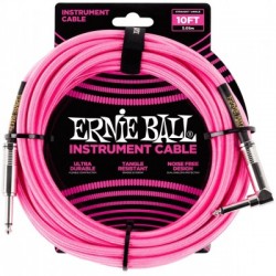 Ernie Ball P06078 Braided Straight to Right Angle Instrument Cable - 10 foot Neon Pink